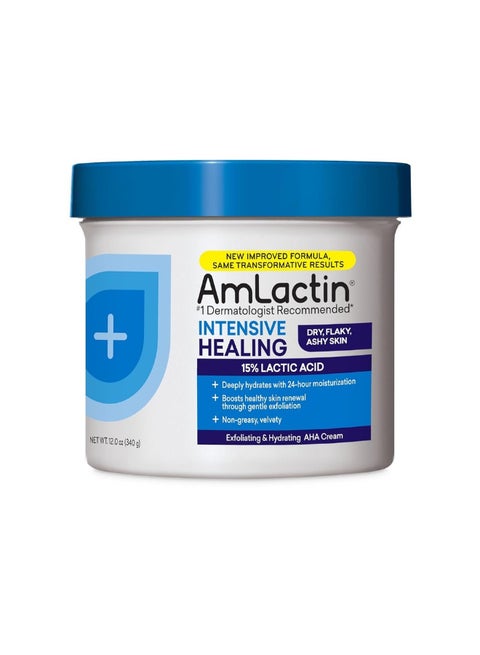 AmLactin Intensive Healing - Therapeutic Body Cream for Extremely Dry Skin - No-Scrub Exfoliator and Body Moisturizer Cream with 15% Lactic Acid AHA and Ceramides, 12 oz (Packaging May Vary)